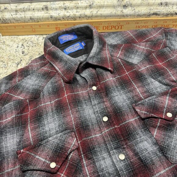 Pendleton Red Plaid Wool Flannel Pearl Snap Western Long Sleeve Size Medium Long - Picture 2 of 9